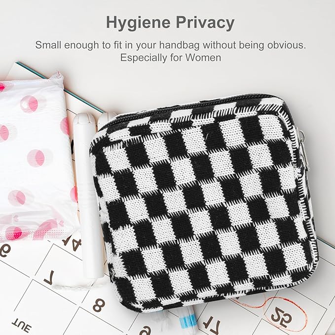 Sanitary Napkin Storage Bag, Menstrual Pad Zipper Checkered Portable Period Bag Panty Liners, Tampon Storage Pouch for Women Ladies Daily Use Storage Purse Travel