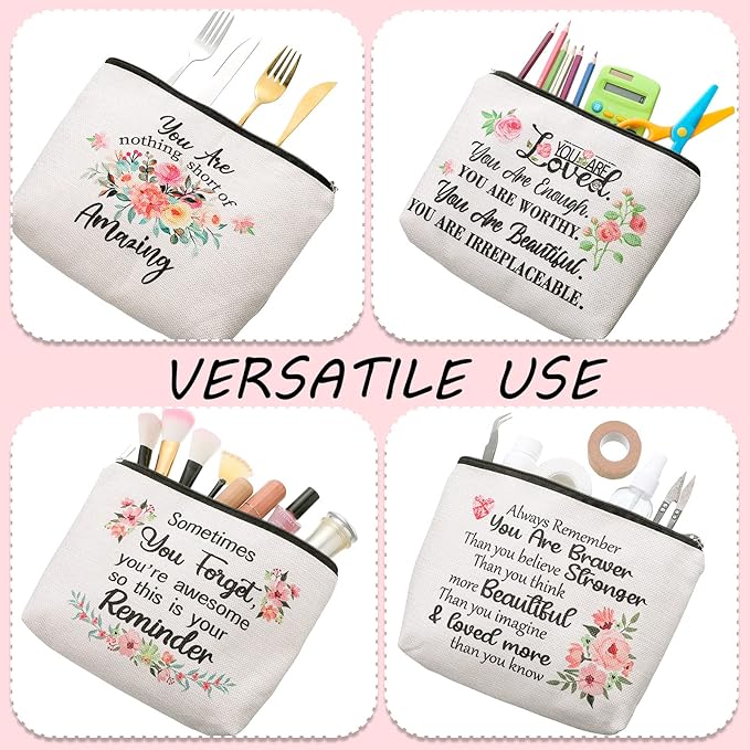 Chengu 6 Pcs Floral Cosmetic Bags Inspirational Gifts for Women Believe in Yourself Motivational Quotes Flower Canvas Makeup Bag for Women Birthday Friend Teacher Graduation New Year Party