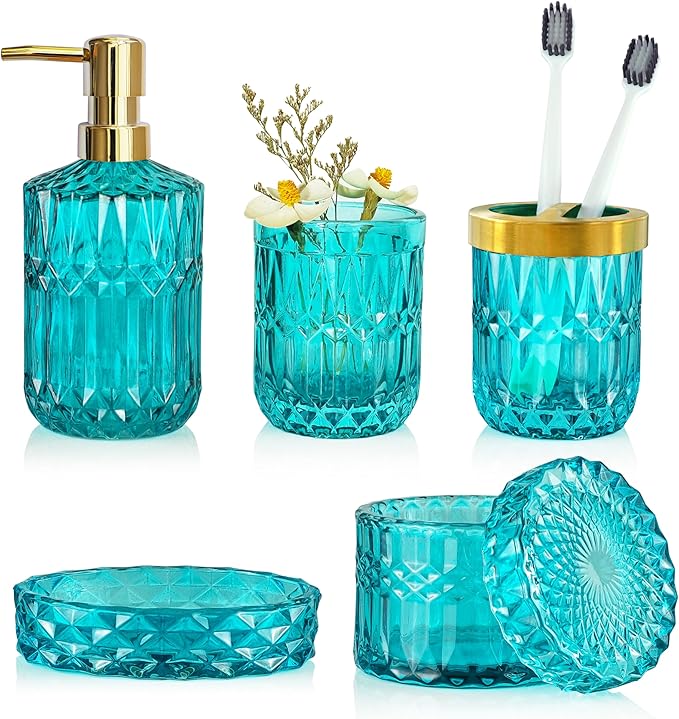 Teal Blue Bathroom Accessories Set, 5Pcs Clear Glass Bathroom Accessories, Hand Soap Dispenser Set, Soap Dish, Toothbrush Holder, Tumbler, Qtip Holder for Crystal Vantage Bathroom Decor