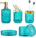Teal Blue Bathroom Accessories Set, 5Pcs Clear Glass Bathroom Accessories, Hand Soap Dispenser Set, Soap Dish, Toothbrush Holder, Tumbler, Qtip Holder for Crystal Vantage Bathroom Decor