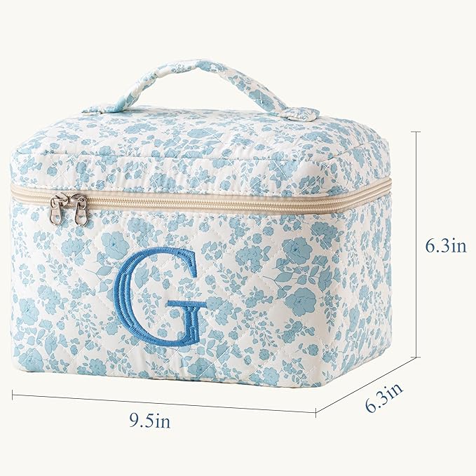 HBselect Initial Quilted Makeup Bag, Cotton Large Travel Make up Bag, Cute Floral Coquette Cosmetic Bag Toiletry Bag for Women Girls G