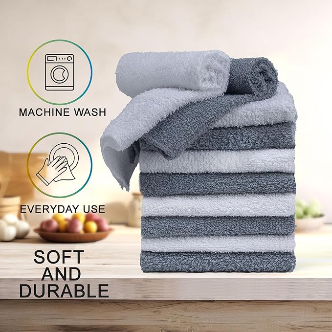 Terry Washcloths – 12x12 Inches – Pack of 10 – Grey & White – Highly Absorbent, Soft Feel and Multipurpose Cotton Wash Cloths for Everyday Use