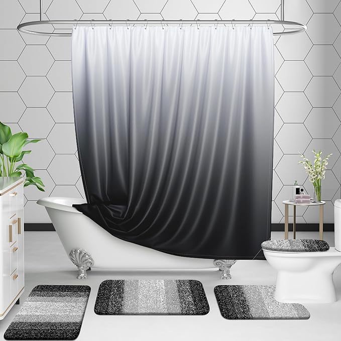 OLANLY Bathroom Rugs Sets 3 Piece, Soft Absorbent Microfiber Bath Mats and U-Shaped Contour Toilet Rug, Plush Shaggy Bath Mat Set for Bathroom (36"x24"+24"x16"+24"x20", Black)