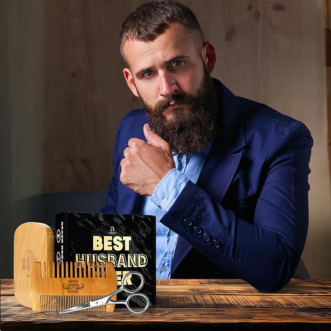 Husband Gifts for Him - Beard Kit for Men Grooming and Care with Brush, Comb, Scissors & Storage Bag - Husband Birthday Gift Ideas, Anniversary Retirement Birthday Gifts for Men