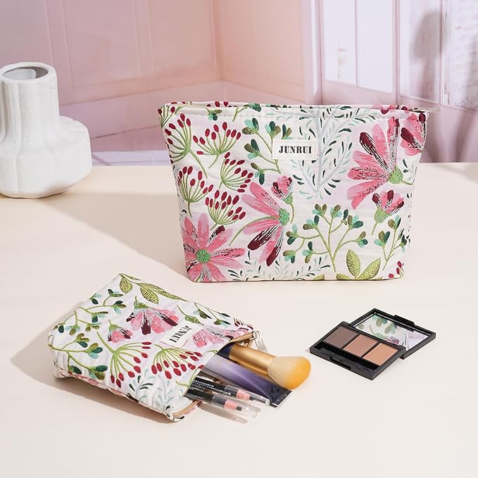 Makeup Bag Small Cute Cosmetic Bags for Women，Floral Travel Toiletry Bag for Purse, Large Canvas Cosmetic Pouch Makeup Organizer Tool Pouch with Zipper（2Pcs Colorful Plant）