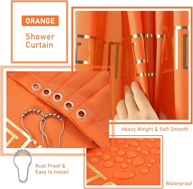 11PCS Bathroom Sets with Shower Curtain and Rugs Bathroom Accessories Set Orange Bathroom Set,Soap Dispenser & Toilet Brush Holder Set with Stainless Steel Trash Can