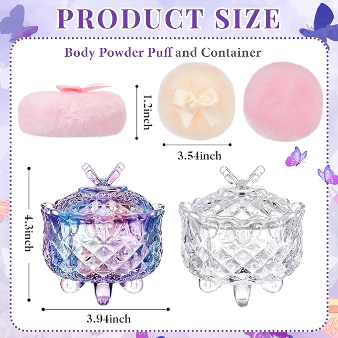 Tioncy 4 Pcs Large Body Powder Puff and Container Extra Large Body Powder Puff Dish Soft Washable Reusable Fluffy Makeup Sponge Wet Dry(Butterfly,Purple and Clear)