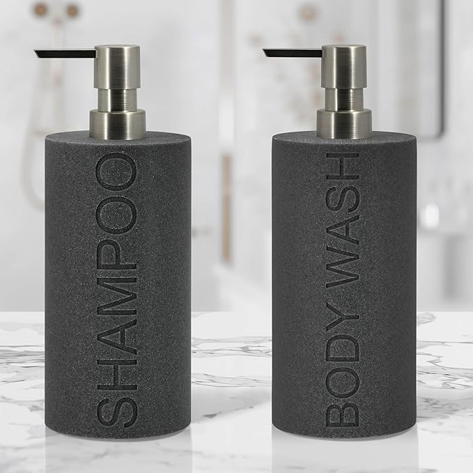 Resin 2 Pack Shampoo, Conditioner or Body Wash Dispenser Set, Luxurious Refillable Pump Bottles with Matte Pump Top and Embossed Text, Durable Design for Bathroom and Shower