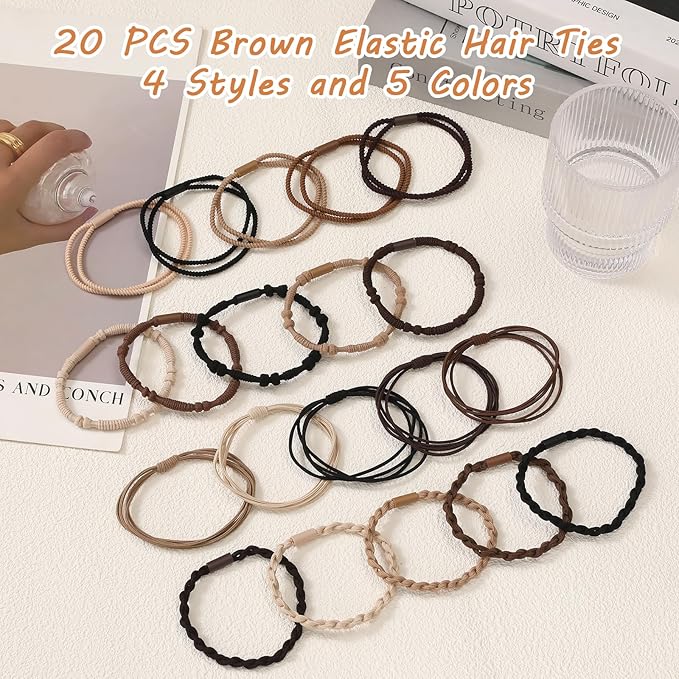 20 PCS Boho Hair Ties Bracelets, No-Damage Hair Elastics for Thick/Thin Hair, 4 Styles 2.36" Braided Ponytail Holders with Gifts Box, Brown