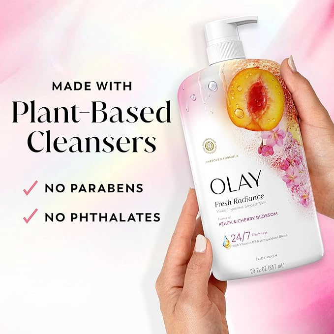 Olay Body Wash for Women, Fresh Radiance, 24/7 Skin-Loving Freshness, Visibly Radiant, Plant Based Cleansers, Vitamin B3 & Antioxidant Blend, For All Skin Types, Peach & Cherry Blossom Scent, 29 fl oz