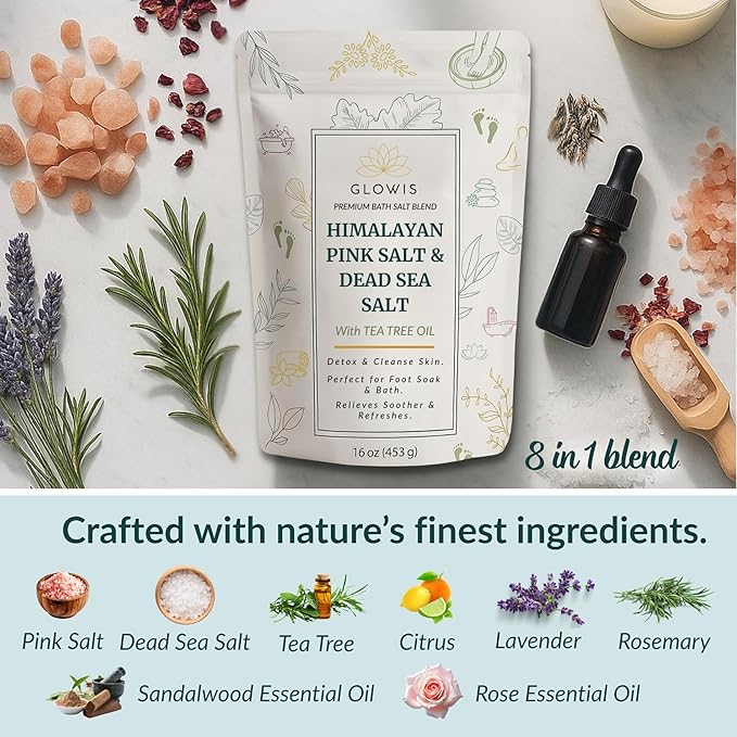 Glowis Tea Tree Oil Foot Soak with Himalayan & Dead Sea Salt | Pedicure Salt Foot Soak for Nail Discoloration, Calluses & Odor | Natural Detox Foot Bath Soak with Sandalwood, Lavender & Rose | 16 oz