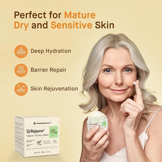 Beef Tallow Honey Balm for Skin: 100% Grass Fed Organic Moisturizer with Organic Raw Honey, Jojoba Oil, Vitamin E – Natural Face and Body Care for Mature, Dry or Sensitive Skin, 2oz, Pack of 2
