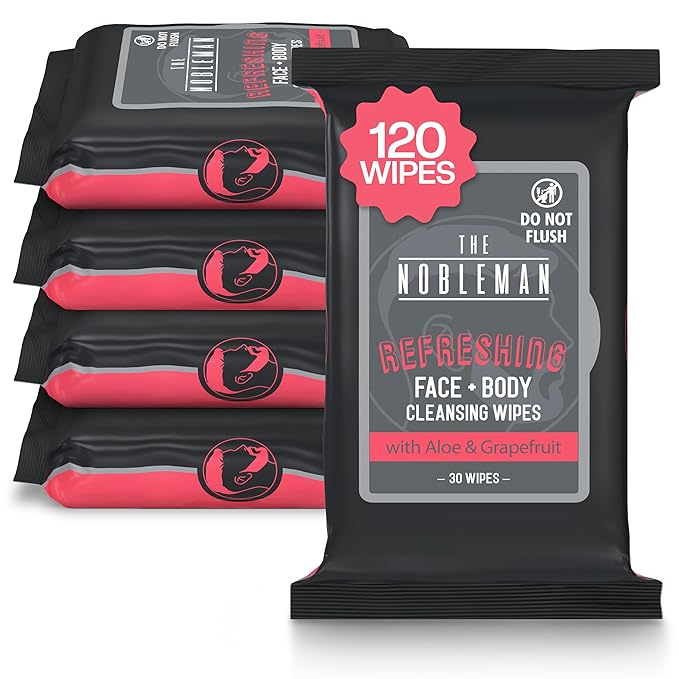 The Nobleman Face + Body Cleansing Wipes: Refreshing - with Aloe & Eucalyptus - 120 TOTAL WIPES (30ct x 4) - Travel-Friendly, Skin-Nourishing, All-in-One Wipes for Men & Women