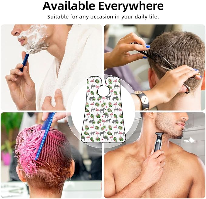 No-Slip Shaving Bib, Beard Grooming Apron with Strong Suction Cups, Green Palm Leaf Zebra Pink Flamingo Floral