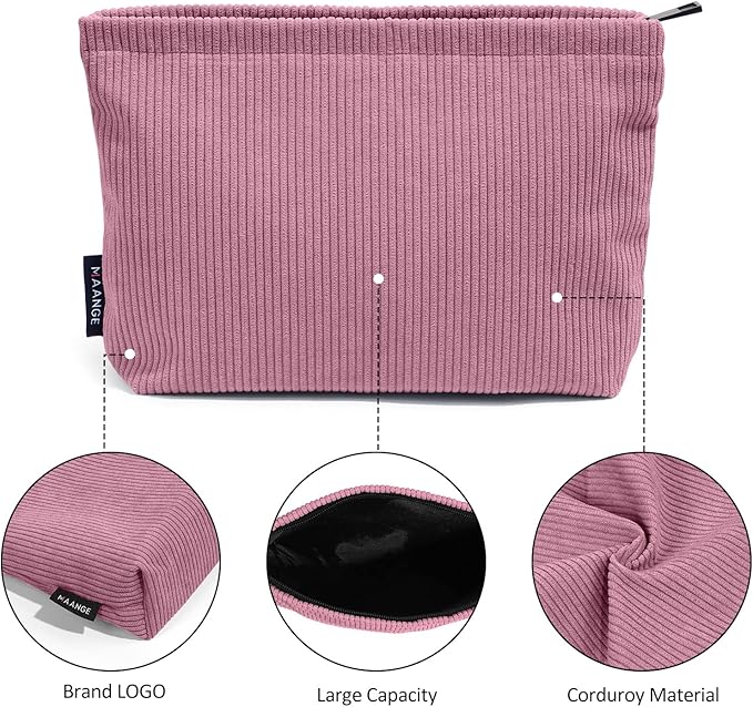 MAANGE Cosmetic Bags for Women Small Makeup Bag for Purse Corduroy Makeup Pouch Travel Makeup Bag with Metal Zipper Make Up Bag for Travelling(PINK)