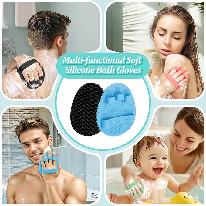 Silicone Bath Gloves 2PCS, 360° Anti-Slip & Enlarged Silicone Body Scrubber for Rich Foaming Deep Cleaning, Revolutionary No-Grip & Hand-fit Shower Scrubber for All Skin Types.(Black+Blue)