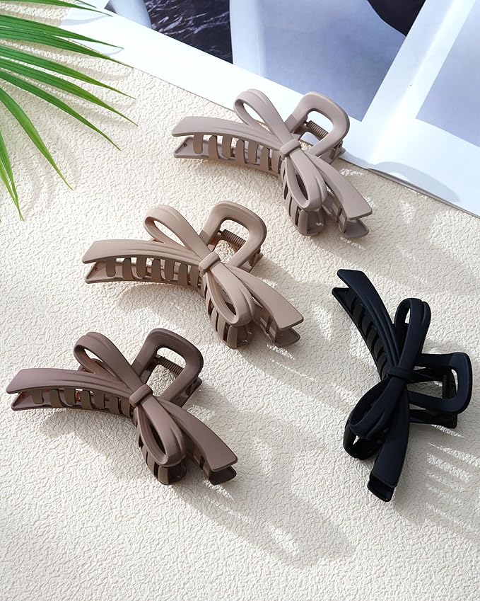 Mesovor 4 Pack Cute Bow Claw Clips, Nonslip 4.92" Large Matte Strong Hold Bows Hair Clips for Thin and Thick Hair | Chic Hairclips for Holidays or Everyday Hairstyle (Neutral Matte)