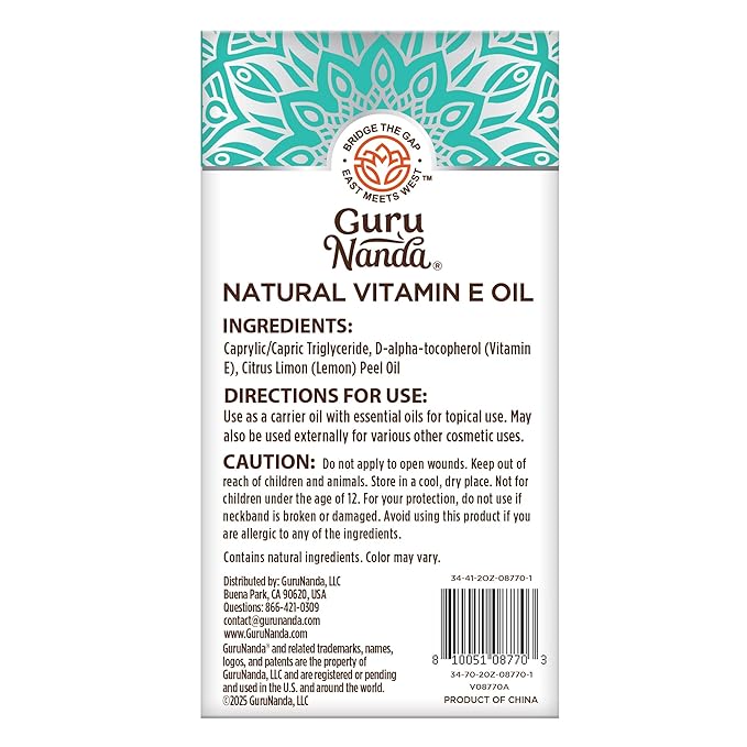 GuruNanda Pure & Natural Vitamin E Oil for Skin, Scars, Face, & Nails, 5,000 IU, With D-Alpha Tocopherol & MCT Oil to Help Enhance Absorption, Non-GMO & Vegan, 2 FlOz