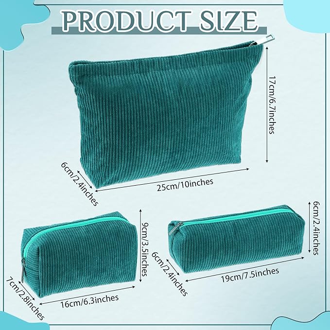 3 Pcs Makeup Bag Set for Women Corduroy Cosmetic Pouch Aesthetic Smile Travel Toiletry Bag Cute Purse Pouch Pencil Case Makeup Brushes Storage Organizer with Zipper(Dark Green,Solid Style)