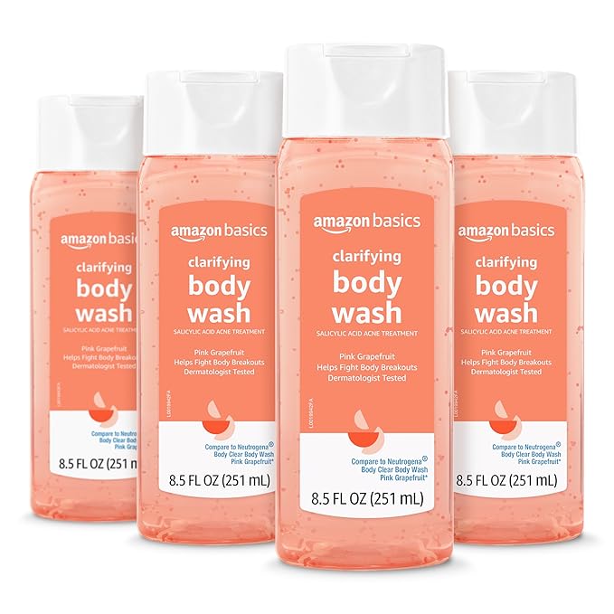 Amazon Basics Clarifying Pink Grapefruit Body Wash, 2% Salicylic Acid Acne Treatment, Foaming, Refreshing, Prevents Breakouts, Dermatologist Tested, 8.5 fl oz, 4-Pack (Previously Solimo)