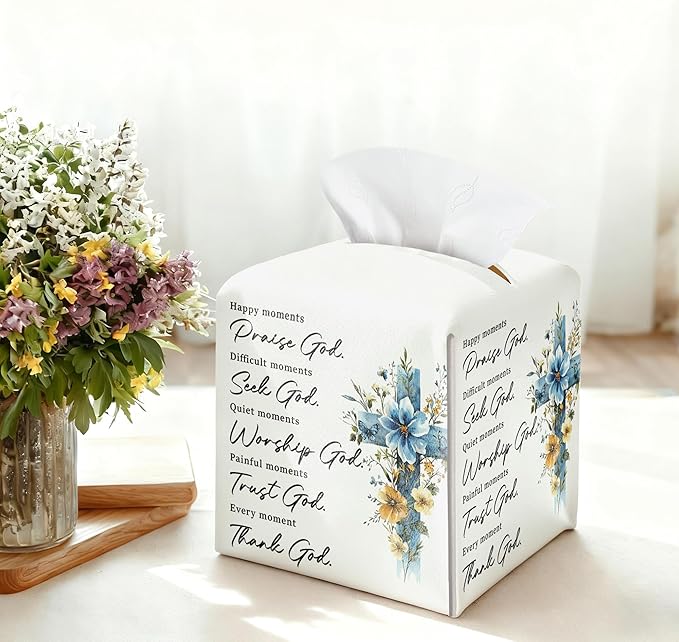 Cross Easter Tissue Box Cover, PU Leather Drawstring Bottom - God Bible Verse, Wildflower Cross Decor, Thank You, Farewell, for Friends, Colleagues, Christians | Decorative Organizer