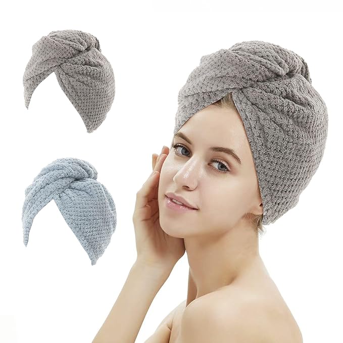 2 Pack Absorbent Microfiber Hair Towel Wrap,Anti-frizz Hair Drying Towel with Button to Dry Hair Quickly,25.6X9.8 inch (Gray&Blue)