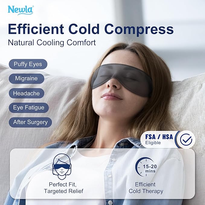 Cooling Gel Eye Mask, Contoured Cold Compress for Eyes, Reusable Cold Eye Mask for Puffy Eyes, Tired Eyes & Eye Strain, Flexible Solid Gel, Eye Care, Adjustable Strap, Fsa Eligible Items Hsa (Black)