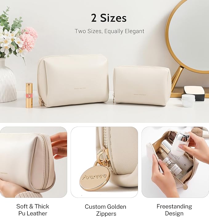 Aveniee Travel Makeup Bag, Large Toiletry Bag for Women, Vegan Leather Travel Pouches Case, Make Up Bag for Travel Essentials Brushes, Cosmetic Bag Purse Organizer with Divider and Gold Zippers(Cream)