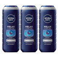 NIVEA MEN Relax Body Wash, Lavender and Sandalwood Scent, 3-in-1 Men's Body Wash, Face and Hair, Paraben Free, Vegan Formula, pH-Skin Friendly, 16.9 Fl Oz Bottle, Pack of 3