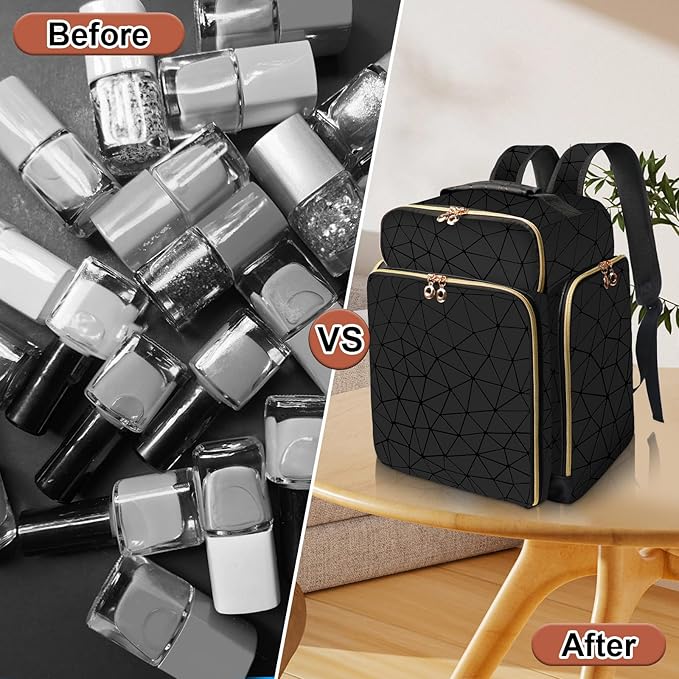 Nail Polish Organizer Backpack Holds 126 Bottles& Nail Lamp, Extra Large Nail Kit Supplies Organizer Bag with 3 Removable Cases, Portable Nail Organizers and Storage for Trave (Elegant Black)