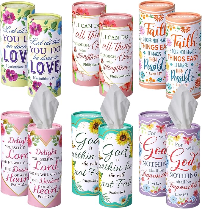 Outus 12 Pack Car Tissue Holder Cylinder, Decorative Round Tissue Box for Car Cup Holder, Refillable Facial Tissues with Floral Bible Verse Design for Home Office Travel