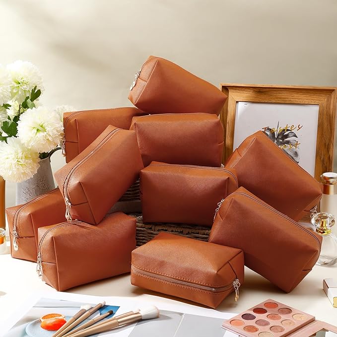 Kigeli 15 Pcs Aesthetic Makeup Bags PU Leather Cosmetic Pouches Waterproof Plain Toiletry Bags Makeup Pouches Bulk for Women Party Gift Travel Storage Organizer(Orange Brown)