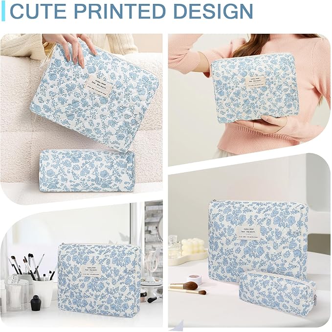 2PC Makeup Bag Set, Cute Cosmetic Bag for Women Girls, Floral Coquette Aesthetic Toiletry Bag, Travel Make Up Organizer Bag (Blue Floral)