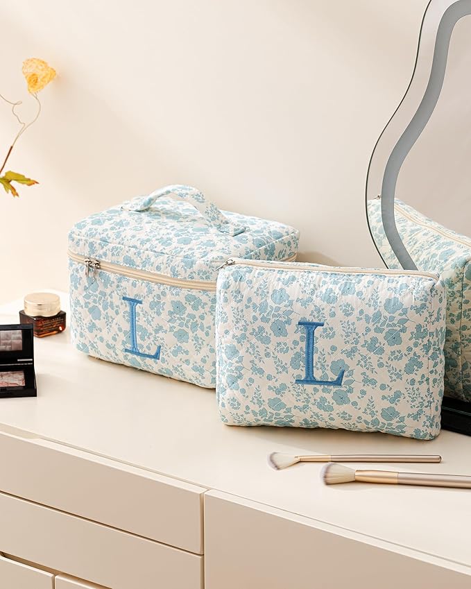 HBselect 2Pcs Initial Quilted Cotton Large Travel Cute Floral Coquette Makeup Cosmetic Toiletry Bag for Women Girls