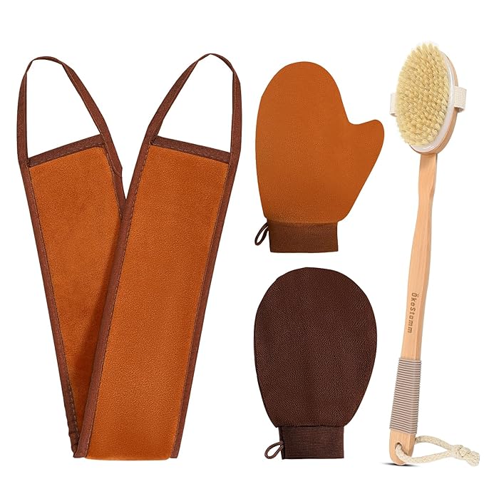 4-in-1 Self Tanner Applicator Kit - Self Tanning Mitt with Long Handle Body Brush for Back Exfoliating and Streak-free Self Tan