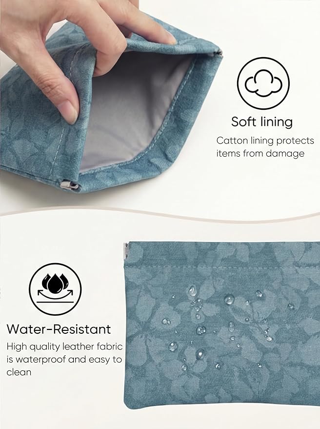 Flower Light Blue PU Leather Makeup Pouch Set for Women Floral Small Make Up Bag for Purse Waterproof Initial Makeup Cosmetic Bags Pouches for Purse Aesthetic Travel Toiletry Bag,