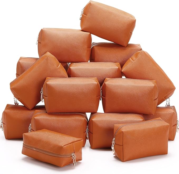 Kigeli 15 Pcs Aesthetic Makeup Bags PU Leather Cosmetic Pouches Waterproof Plain Toiletry Bags Makeup Pouches Bulk for Women Party Gift Travel Storage Organizer(Orange Brown)