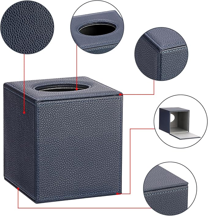 Sumnacon Tissue Box Cover Square Tissue Box Stylish PU Tissue Box Holder with Magnetic Bottom,Leather Cube Tissue Cover for Living Room Bathroom Bedroom Table Desk Home Office Car, Navy Blue