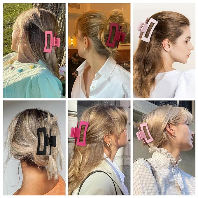 3.5 Inch Medium Hair Claw Clips 6 Pack Hair Clips for Women Square Rectangle Claw for Hair Banana Jaw Clips Hair Accessories for Girls (Pink)