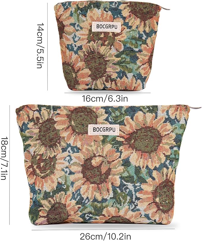 2 PCS Makeup Bag Set，Portable Cosmetic Bag for Purse ，Large Storage Capacity Toiletry Bag Make up Organizer，Travel Pouch with Zipper for Women, (Sunflower Oil Painting)