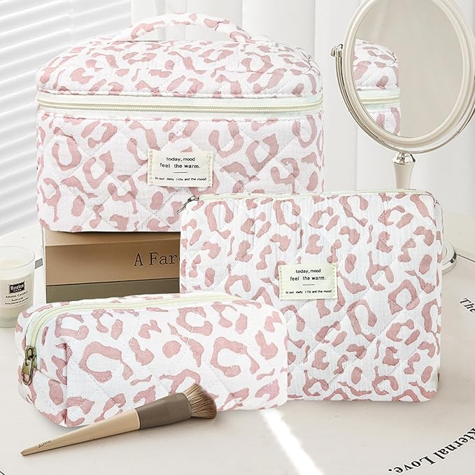 3Pcs Makeup Bag Cotton Quilted Travel Cosmetic Bag Cute Floral Makeup Pouch Large Toiletry Bag for Women Girls