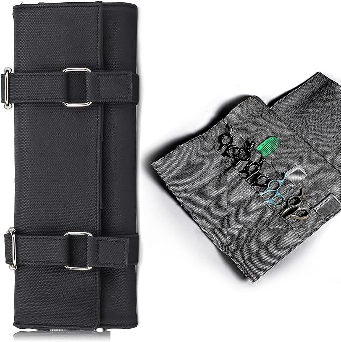 Salon Scissors Bag Roll Up, 14 Pockets PU Stylist Grooming Scissors Holder Barber Hair Scissor Shears Cases for Hairdressers (HJ-ZP012-Black)