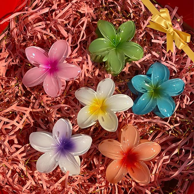 Hawaiian Flower Hair Clips – 6 Pack Colorful Claw Clips for Women & Girls, Large Aesthetic Hair Accessories for Thick or Thin Hair, Summer Beach Vacation Gift