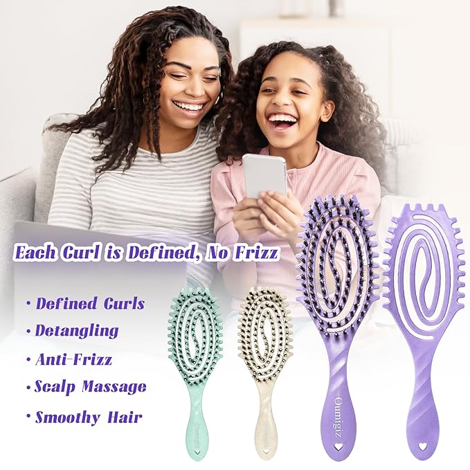 Curl Defining Brush, Boar Bristle Detangling Hair Brush for Women Girls Thick Curly Wavy Hair Wet Dry Use, Fast Blow Drying Vented Styling Hairbrush, Smoothing Hair No Tangle (Soft Purple)