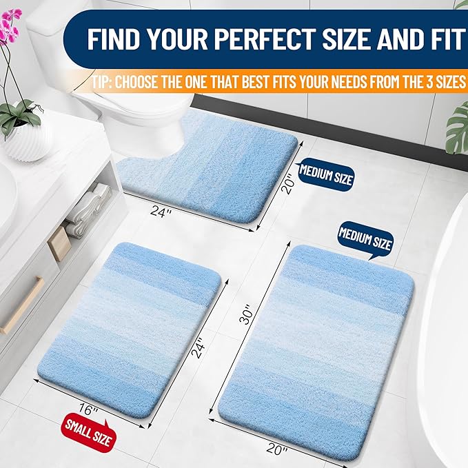 OLANLY Bathroom Rug Set 2 Piece, Soft Absorbent Microfiber Bath Mats and U-Shaped Contour Toilet Rug, Non-Slip, Machine Wash Dry, Plush Shaggy Bath Mats for Bathroom (24"x16"+24"x20", Sky Blue)