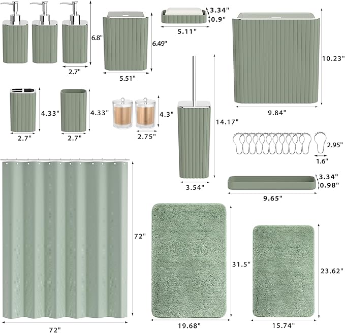 Bathroom Accessory Set - Bathroom Sets with Shower Curtain and Rugs, Sage Green Bathroom Set, 27PC Bathroom Accessories Set, Mini Trash Can, Toilet Brush, Trash Can & Soap Dispenser