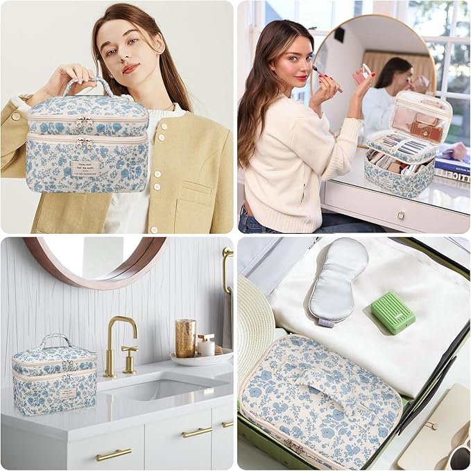 Makeup bag, Large Cosmetic Bag for Women Girls, Cute Quilted Makeup Bags, Floral Coquette Aesthetic Toiletry Bag, Travel Make Up Organizer Bag (Bear)