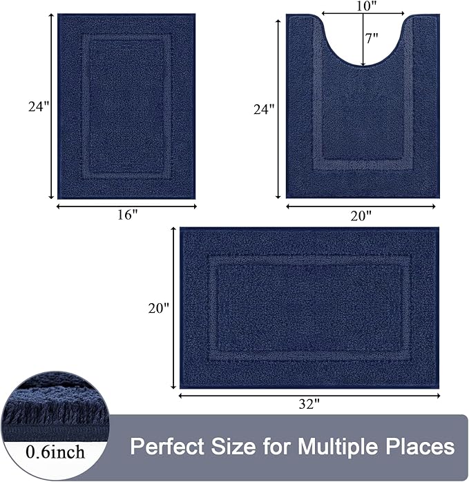 SHACOS Soft Fluffy Bathroom Rugs Set of 3 Pieces Bath Mats with U Shape Toilet Rugs Non Slip Washable Bath Rugs Absorbent Bathroom Shower Carpet 16"x24"+20"x32"+U Shaped 20"x24", Navy Blue