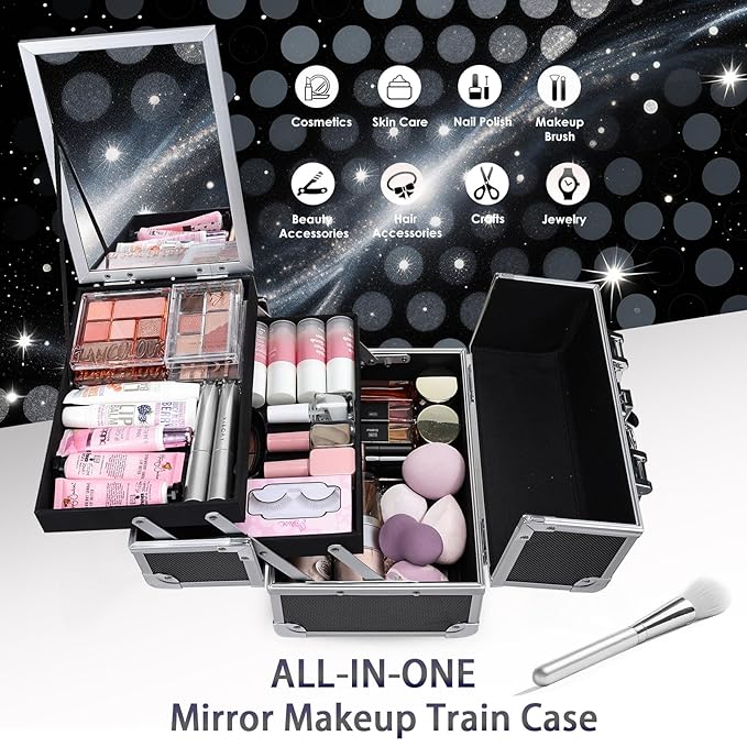 FRENESSA Makeup Case Organizer Cosmetic Box Storage Portable Makeup Train Case with Mirror 2 Trays Travel Vanity Box for Cosmetics Nail Kits Craft Tools Case Aluminum Hard Make Up Organizer Black