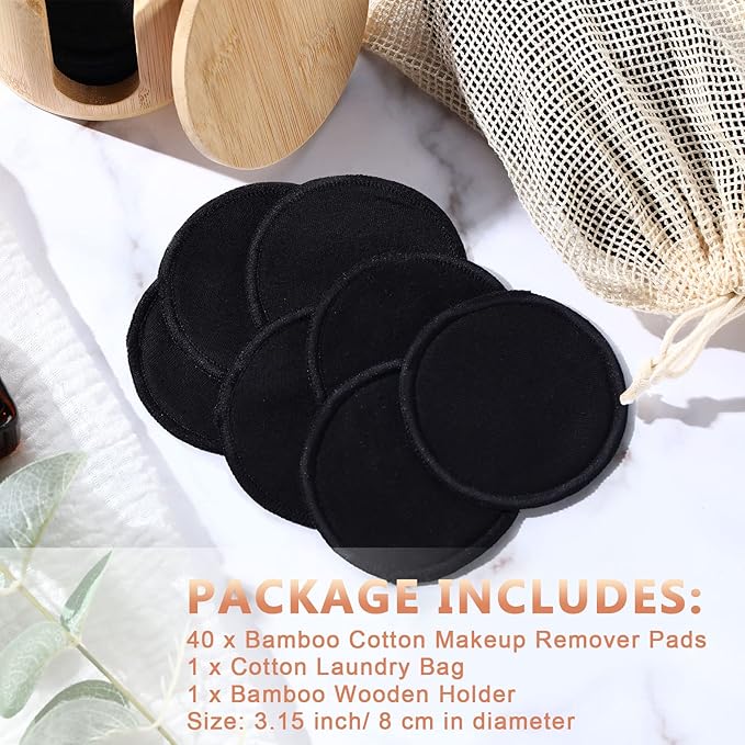 Foaincore 40 Pcs Reusable Makeup Remover Pads with Mesh Storage Bag and Bamboo Box Washable Bamboo Cotton Rounds Soft Reusable Face Pad for Toner Skin Various Skin Care Products(Black)